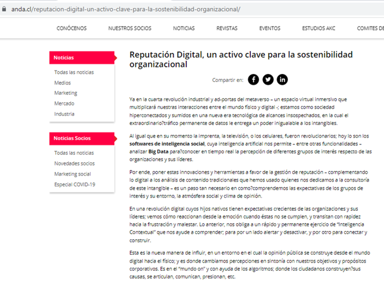 Reputación Digital, un activo clave para la sostenibilidad organizacional.